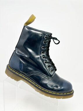 Dr. Martens Vegan 1460 Combat Boots Navy Blue Patent Lace Up Ankle Size 10